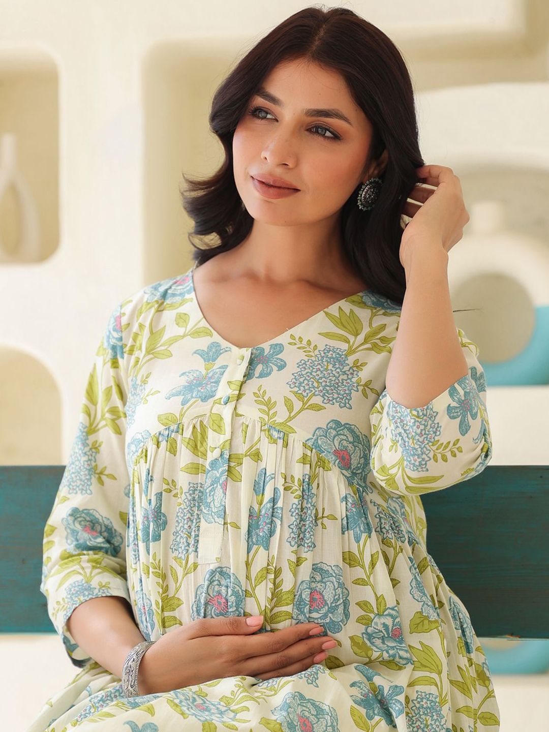 Janasya Women's Off White Pure Cotton Floral Printed A-line Maternity Kurta