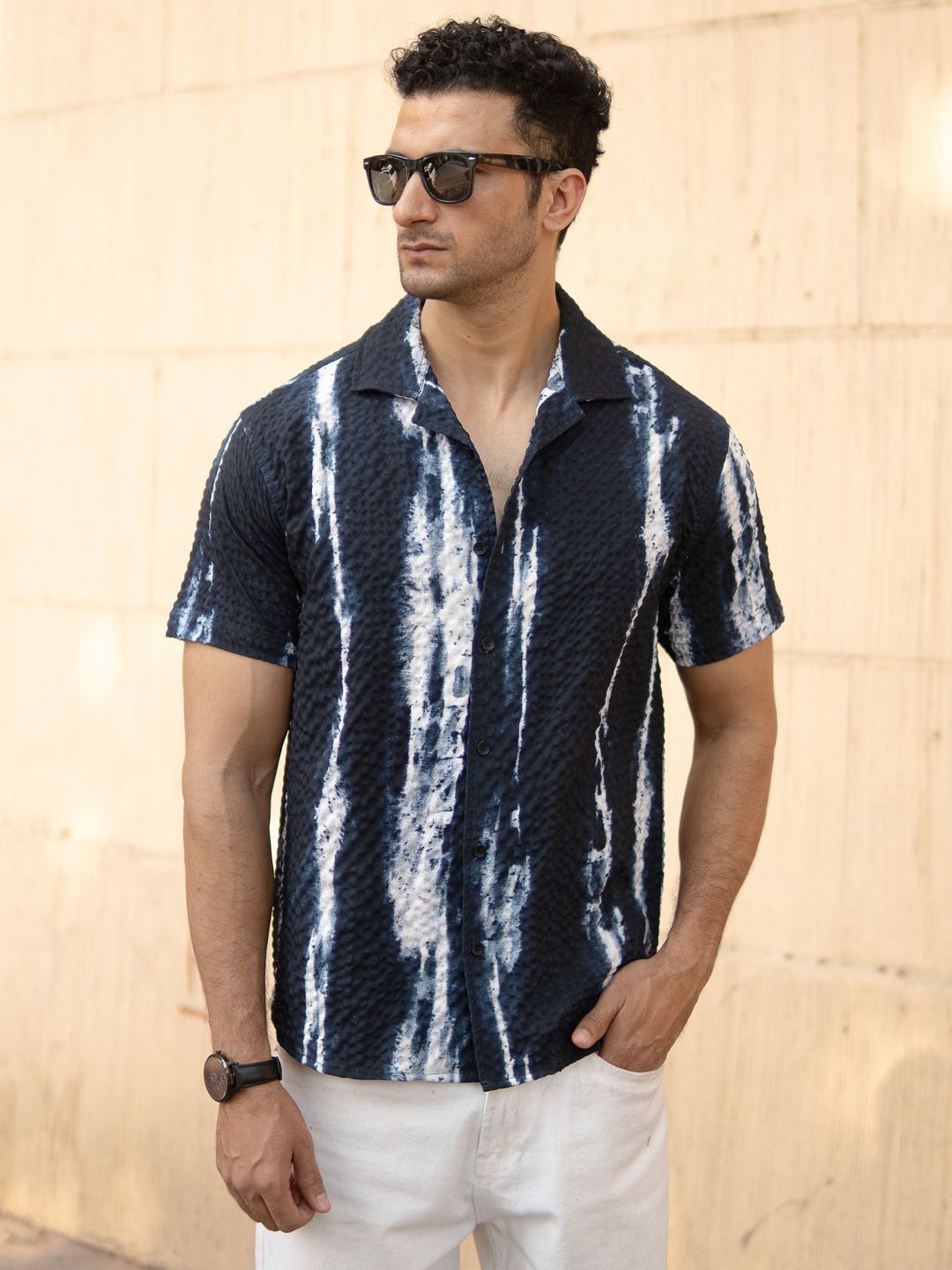 Powerlook Men Navy Blue Printed Regular Fit Half Sleeves Shirt