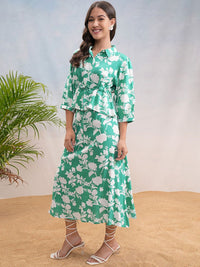 Vishudh Green & White Shirt Collar Printed Top & Skirt