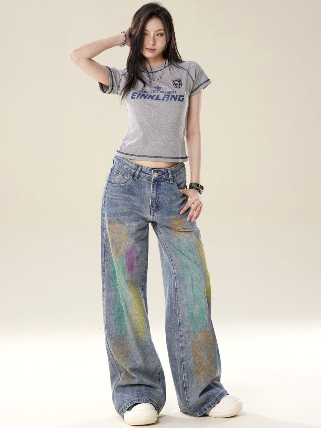 DressBerry Women Wide Leg Heavy Fade Mid-Rise Jeans