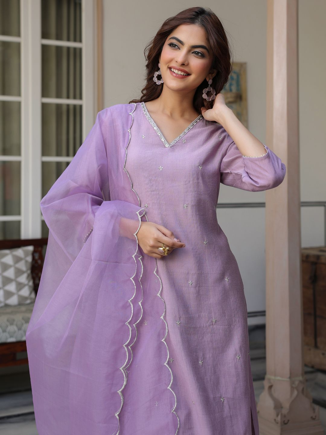 Janasya Women's Lavender Chinon Embellished Kurta with Pant and Dupatta
