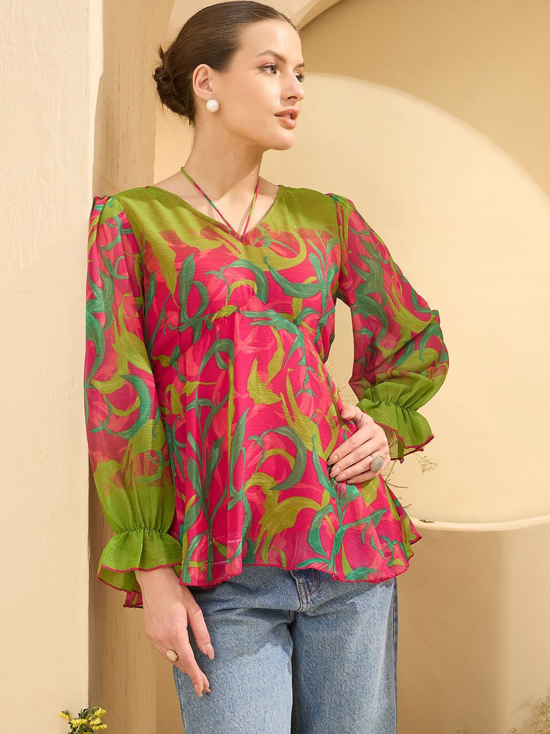 Antheaa Women Printed Puff Sleeves Empire Top