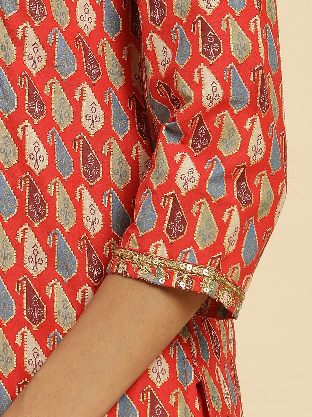 W Ethnic Motifs Printed Keyhole Neck Sequinned Pure Cotton Straight Kurta
