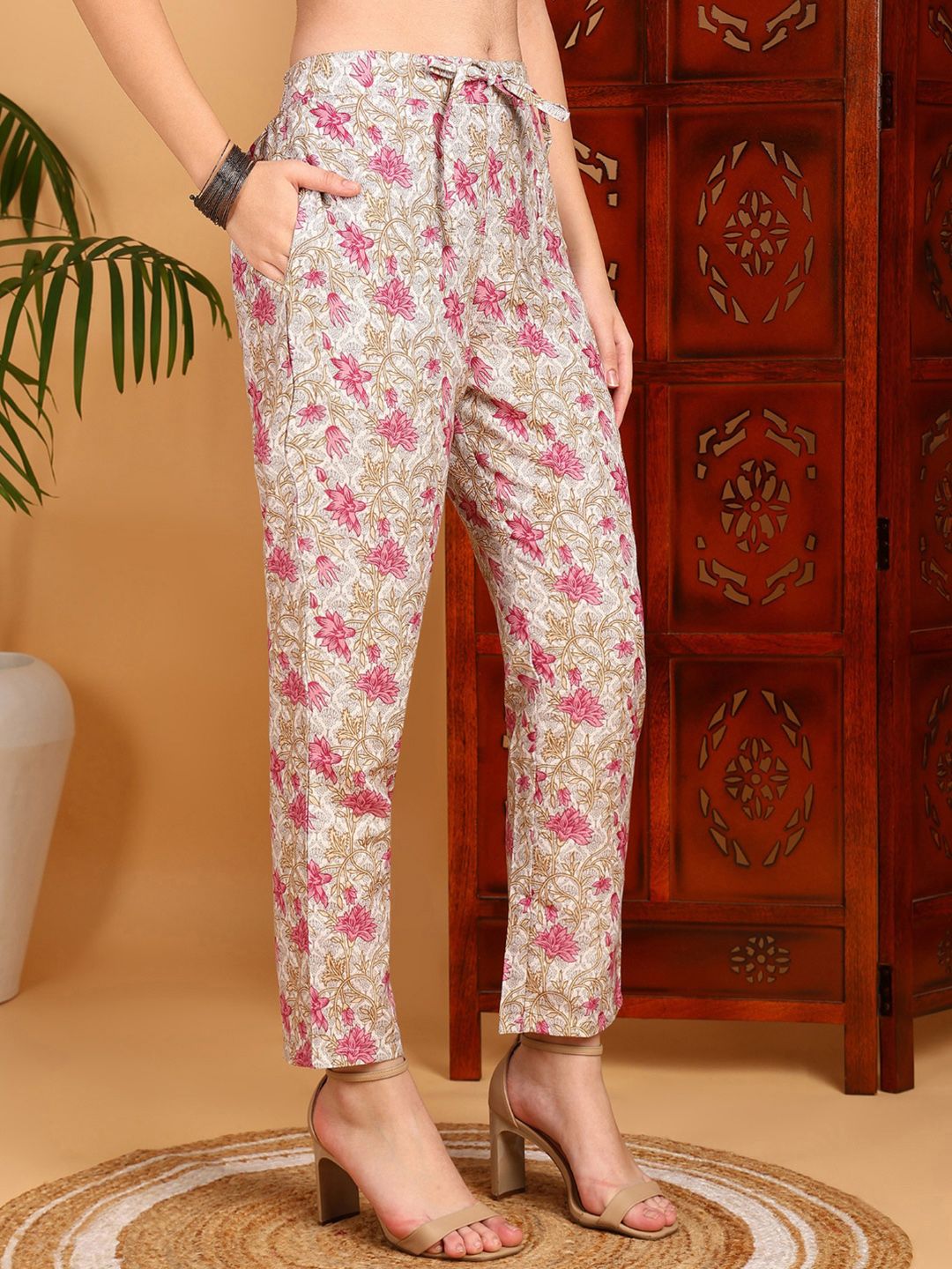 KALINI Floral Printed Mirror Work Straight Kurta with Trousers & Dupatta