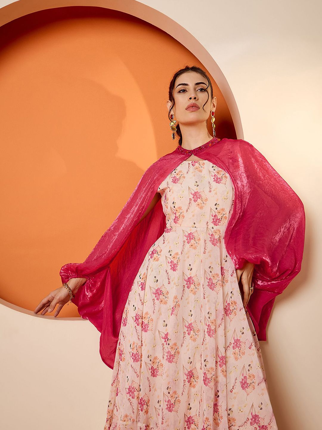 Antheaa Floral Printed A-Line Midi Dress and Embellished Shrug