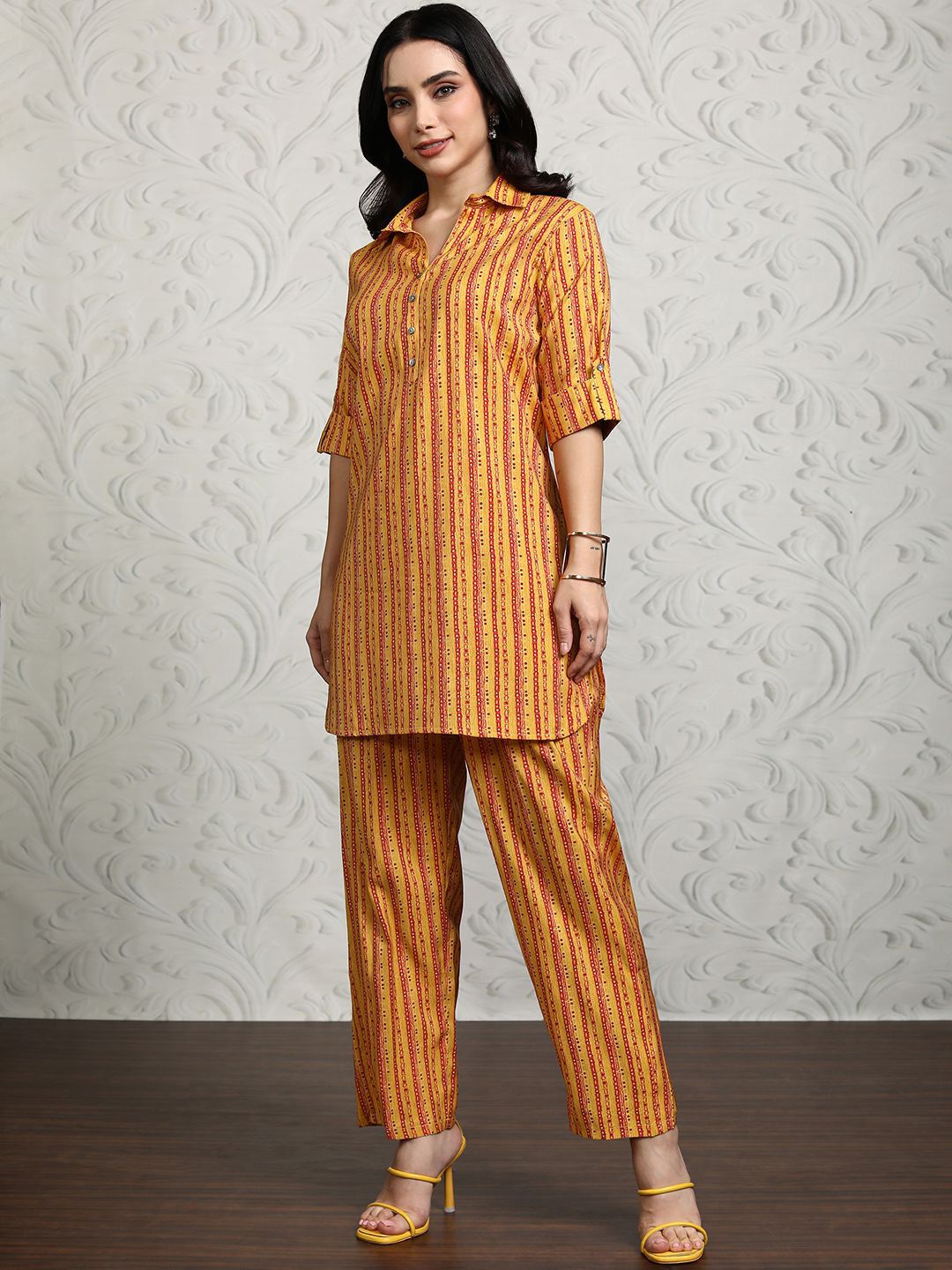 Vishudh Striped Shirt Collar Tunic With Trouser