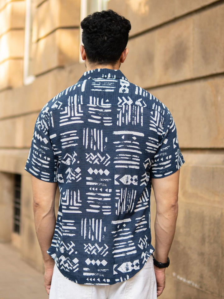 Powerlook Abstract Aztec Printed Cuban Collar Cotton Shirt