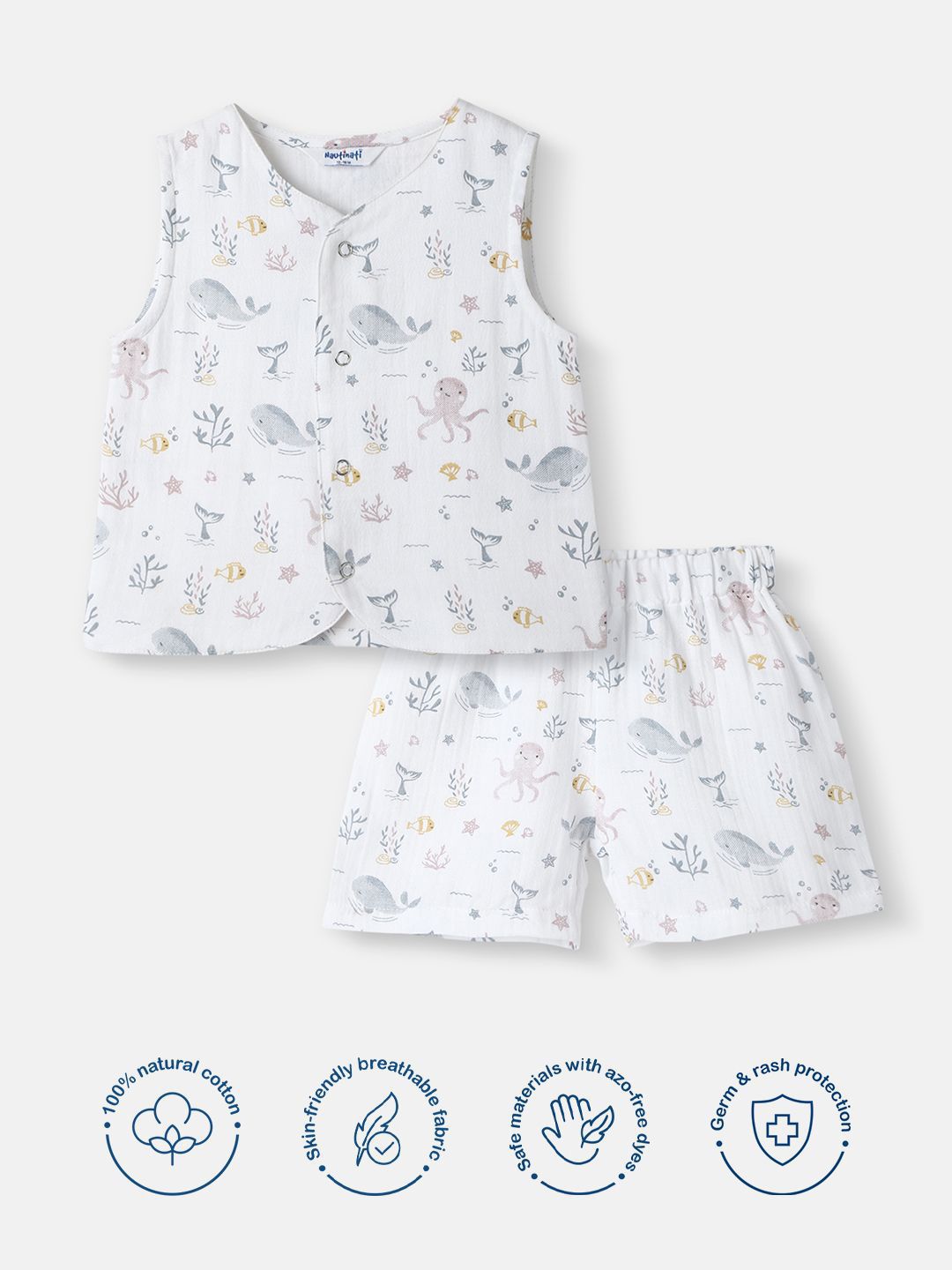 Nauti Nati Boys Printed Pure Cotton Jhabla With Shorts