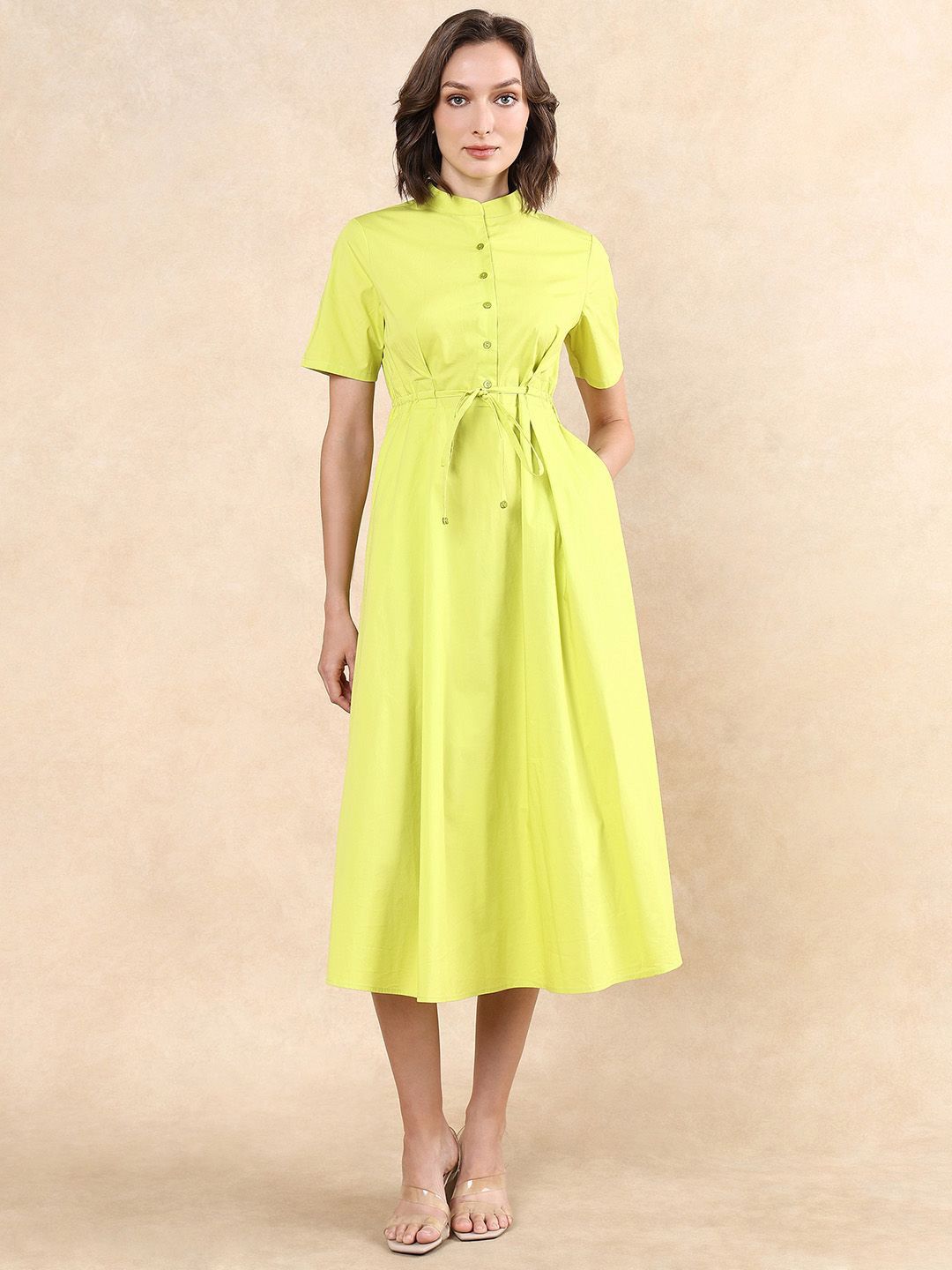 RAREISM Women Cotton Mock Neck Fit & Flare Midi Dress