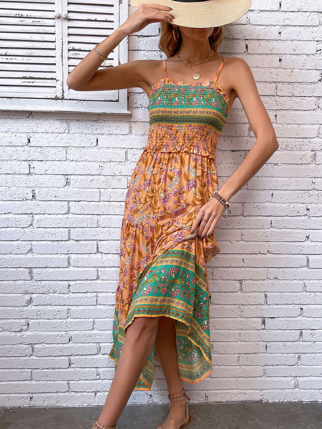 DressBerry Floral Print Smocked Tiered Maxi Dress