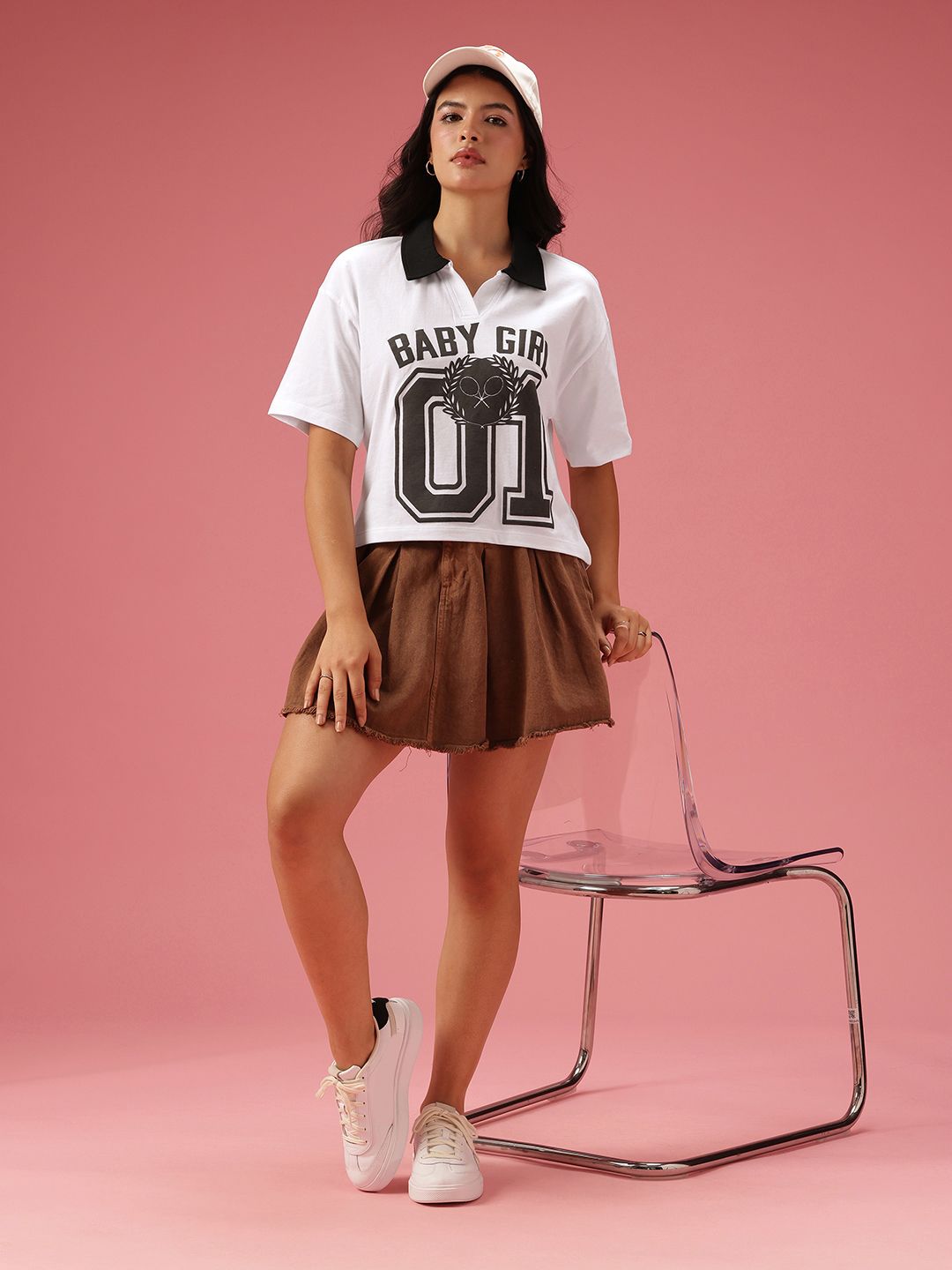 DressBerry Pure Cotton Varsity Printed Polo Collar Boxy T-shirt