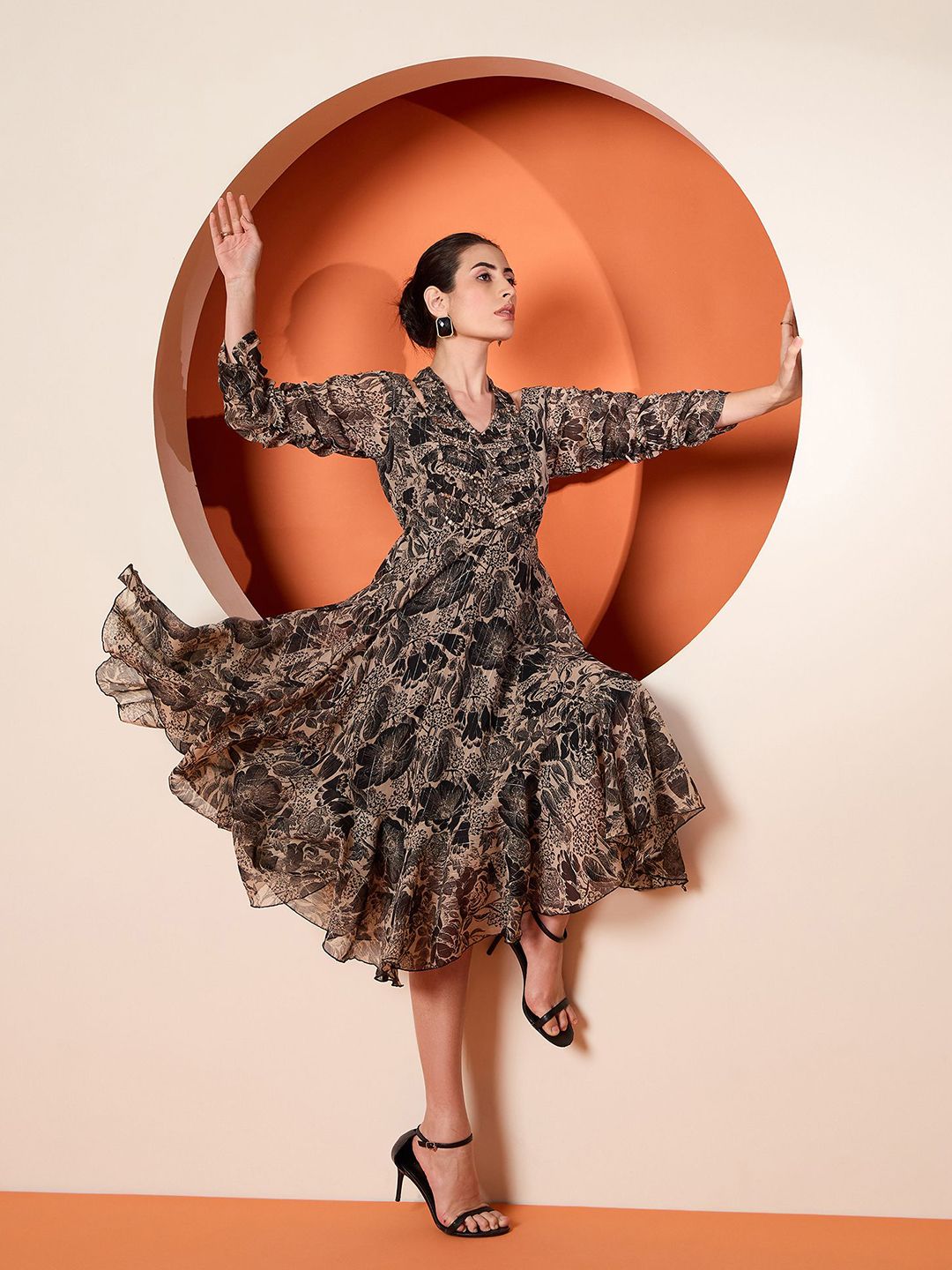 Antheaa Women Embellished Floral Printed Puff Sleeve Fit & Flare Midi Dress