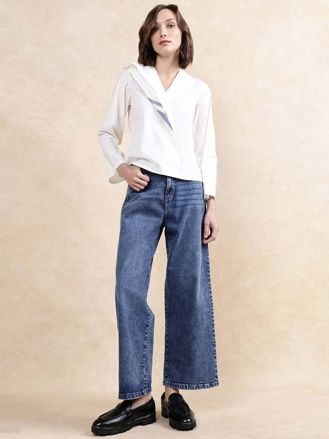 RAREISM Women Solid V-Neck Cotton Top