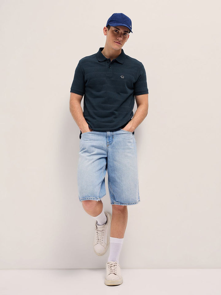 THE BEAR HOUSE Men Self Design Polo Collar Cotton T-shirt