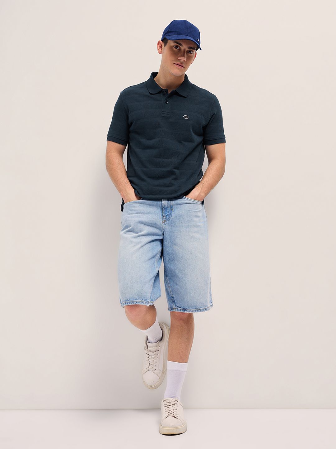 THE BEAR HOUSE Men Self Design Polo Collar Cotton T-shirt