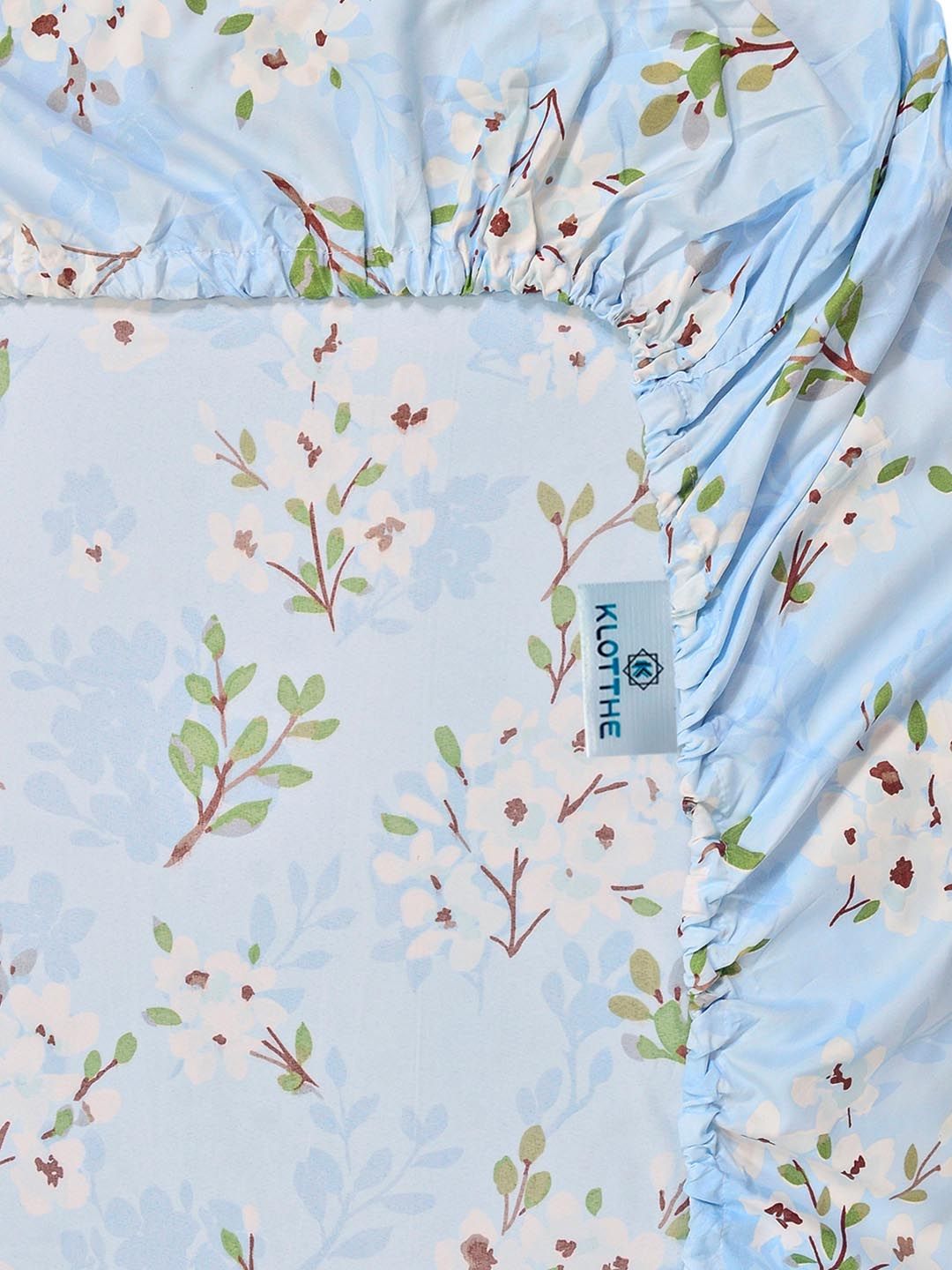 KLOTTHE Blue & White Floral Printed Dilengkapi 400 TC King Bedsheet Dengan 2 Sarung Bantal