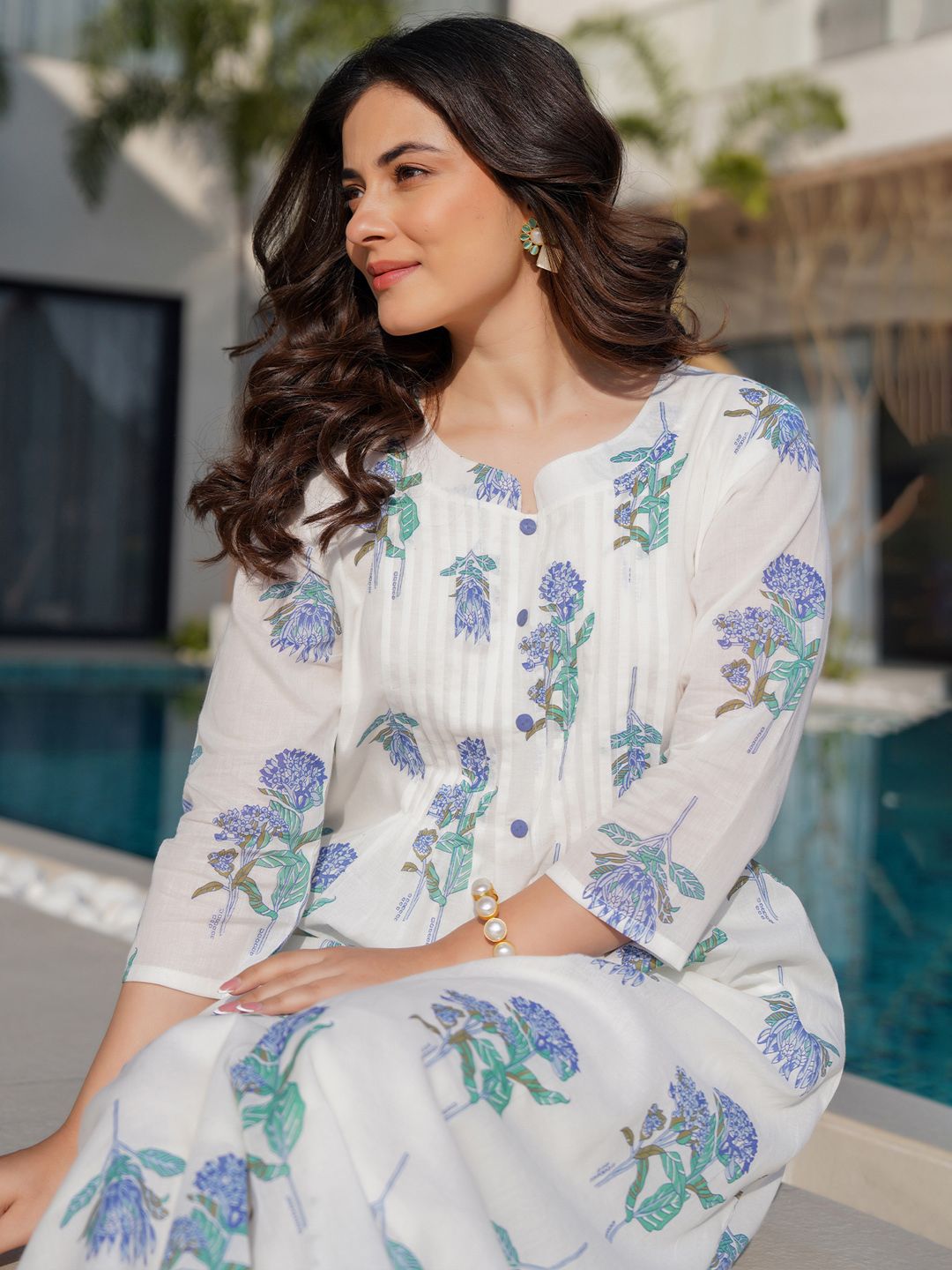 Indo Era Floral Printed Round Neck Panelled A-Line Pure Cotton Kurta With Trousers