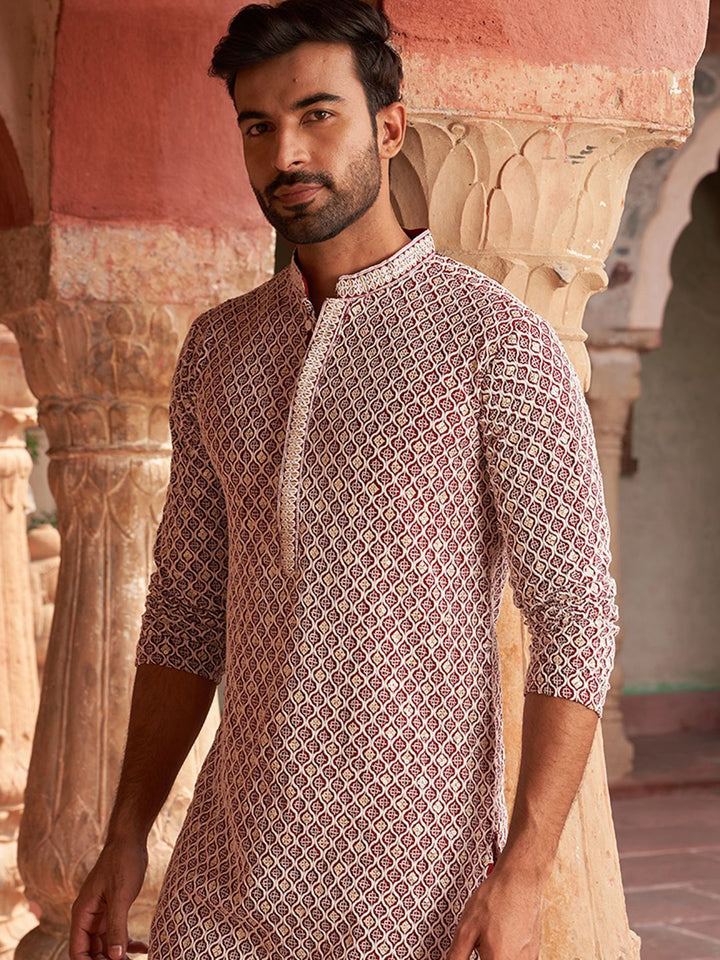 Jompers Geometric Embroidered Chikankari Mandarin Collar Pure Cotton Straight Kurta