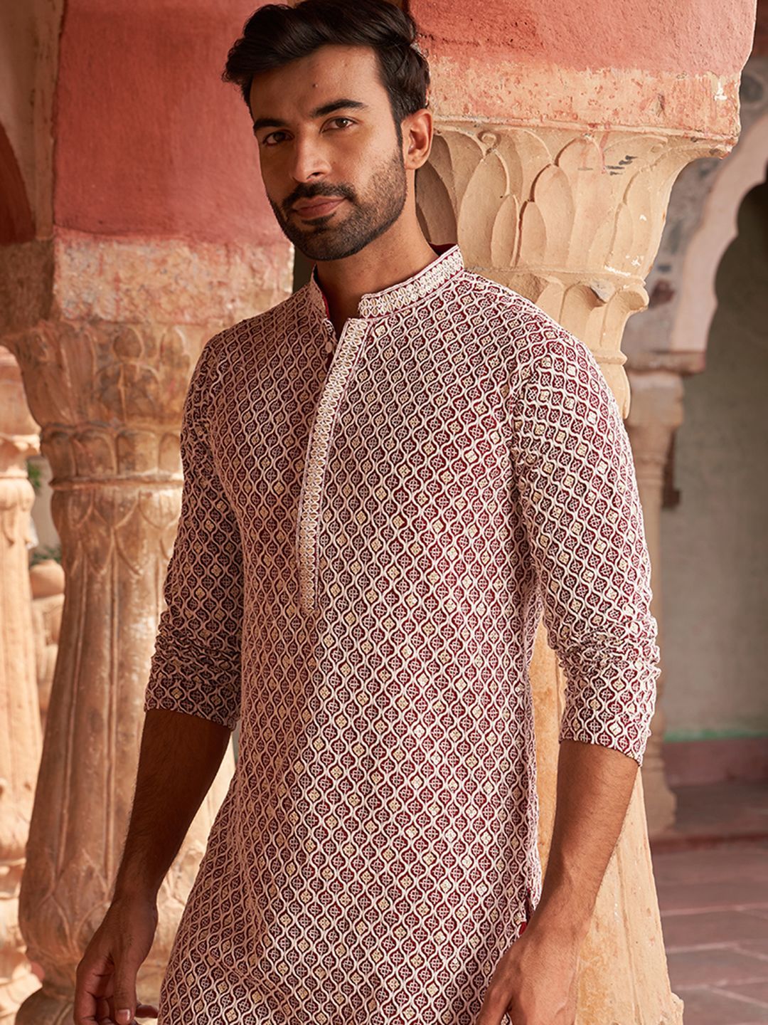 Jompers Geometric Embroidered Chikankari Mandarin Collar Pure Cotton Straight Kurta