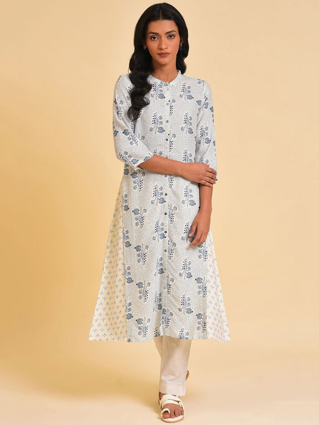 W Floral Printed Band Collar A Line Kurta