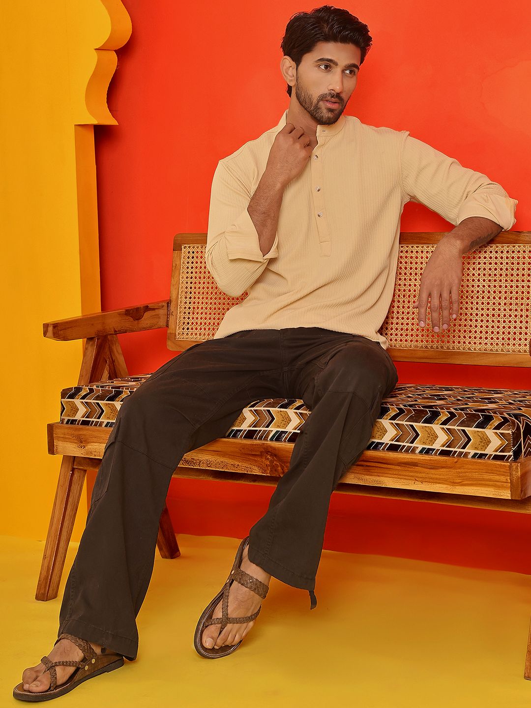 Jompers Striped Band Collar Long Roll-Up Sleeves Straight Kurta