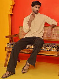 Jompers Striped Band Collar Long Roll-Up Sleeves Straight Kurta