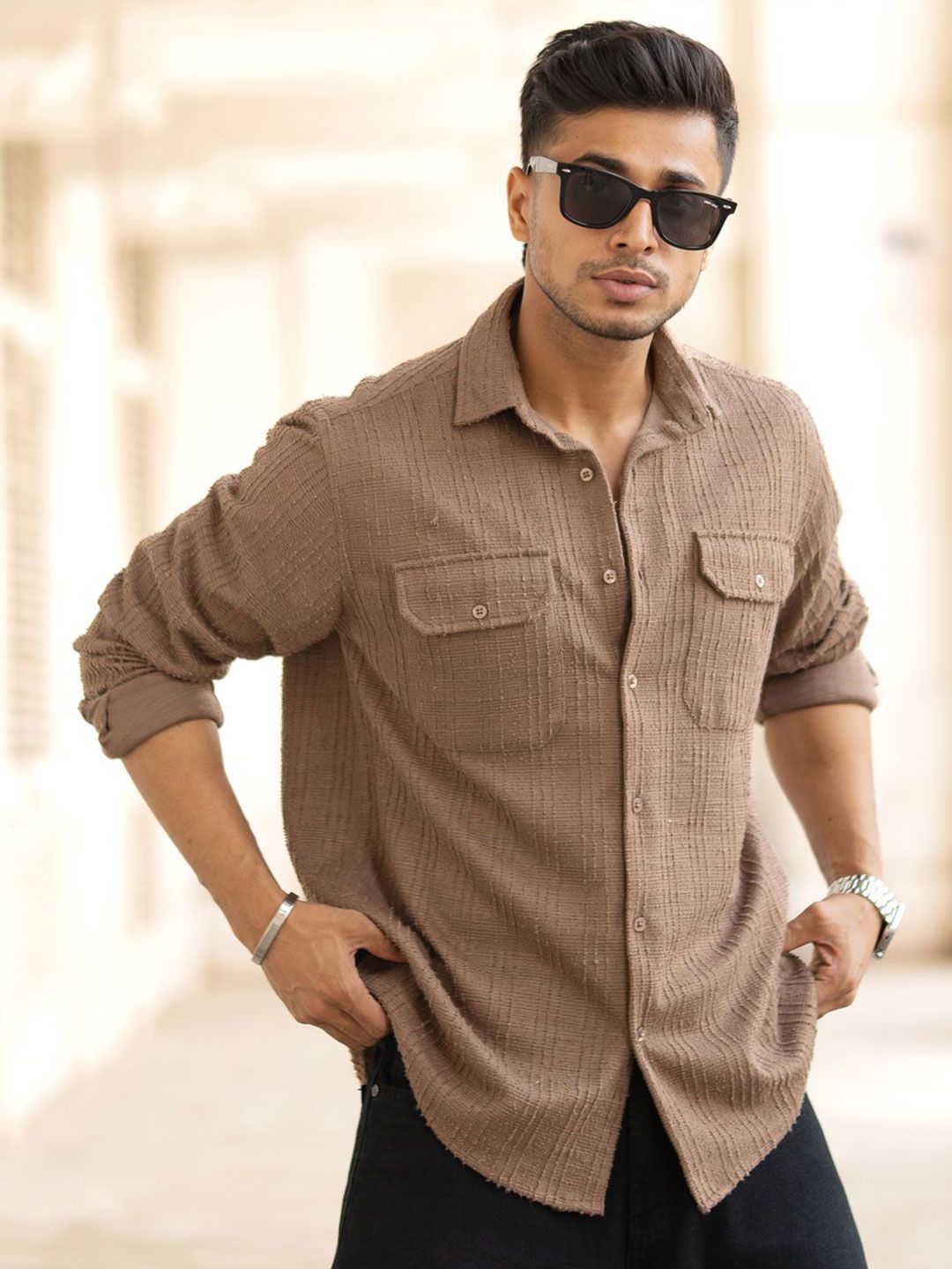 Powerlook Men Spread Collar Textured Cotton Casual Shirt