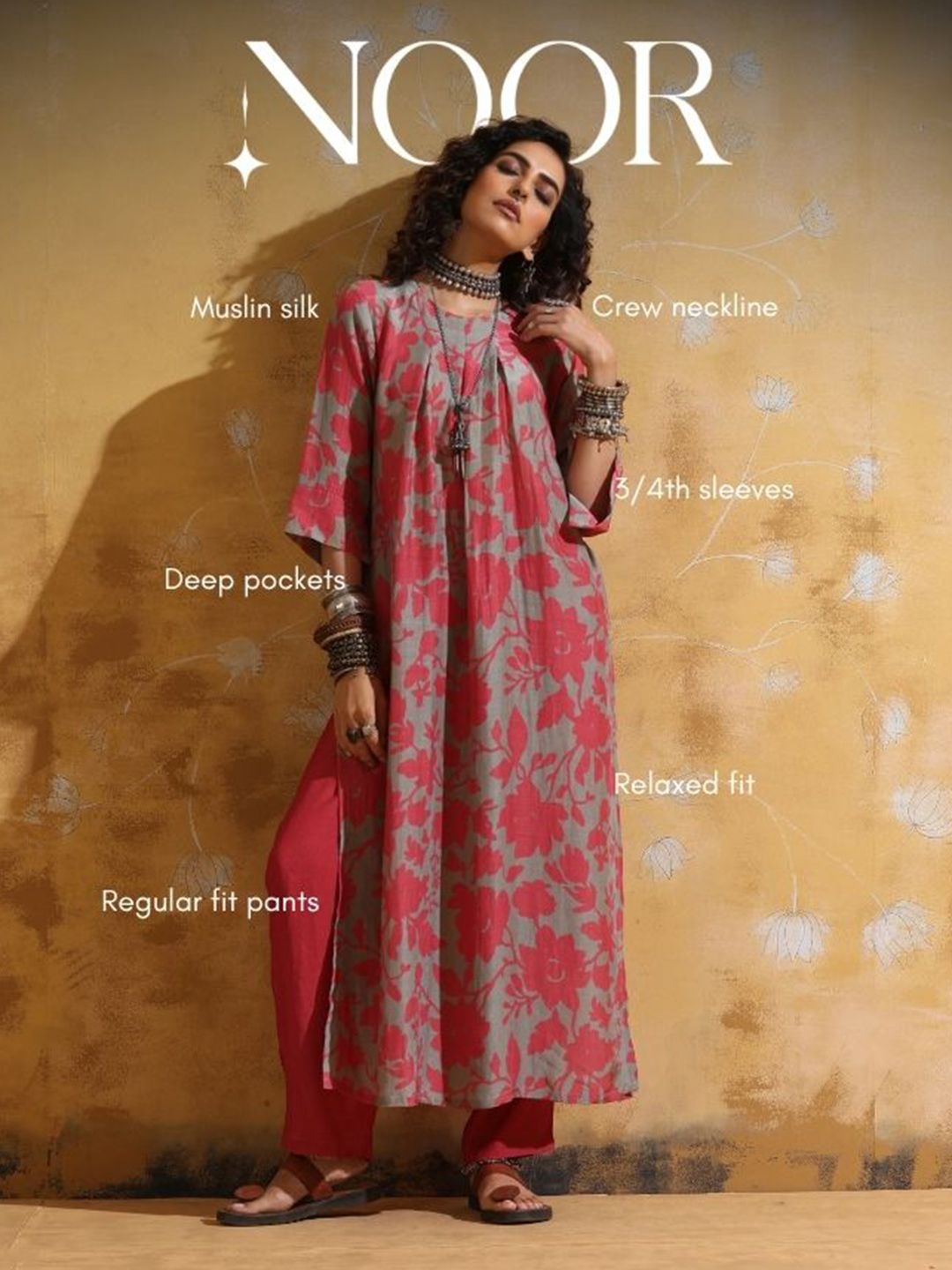 trueBrowns Women Peach Mint Jaal Print Muslin Silk High-slit Kurta Set