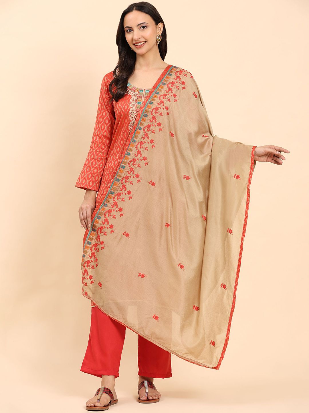 Kurta Kapas Tulen Biasa Mamicha Sulam Bunga dengan Palazzos & Dupatta