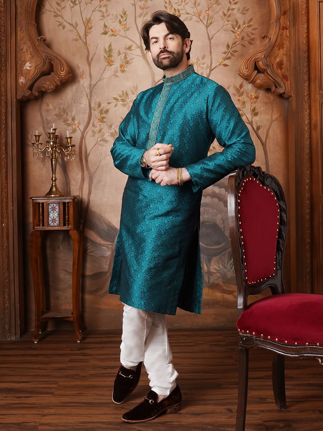SOJANYA Lelaki Teal Green Sulam Kurta Lurus