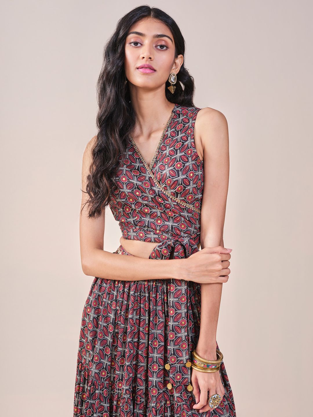 Global Desi Geometric Printed Sleeveless Top With Skirt
