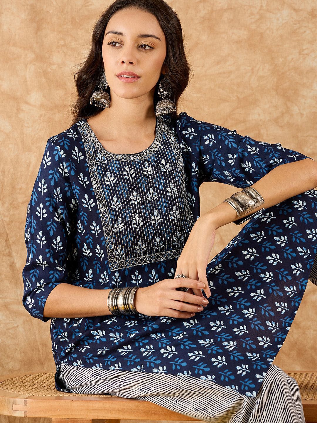 Indo Era Ethnic Motifs Printed Straight Sequinned Kurta with Trousers