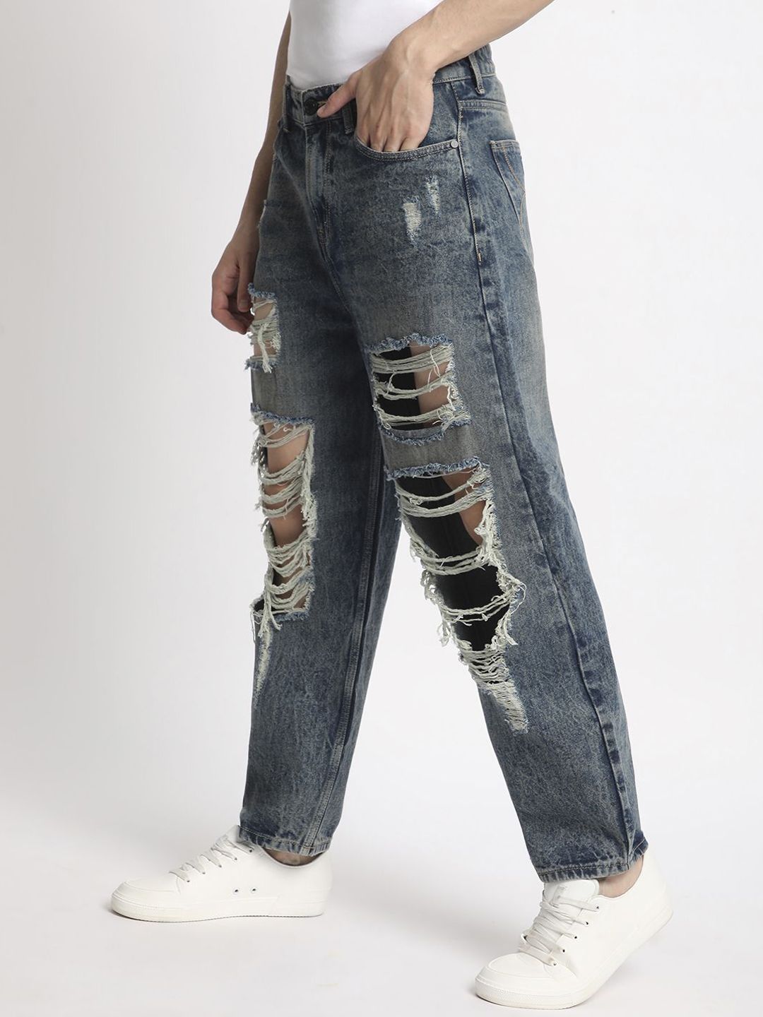 Bene Kleed Men Classic Baggy Fit Highly Distressed Heavy Fade Ripped Jeans