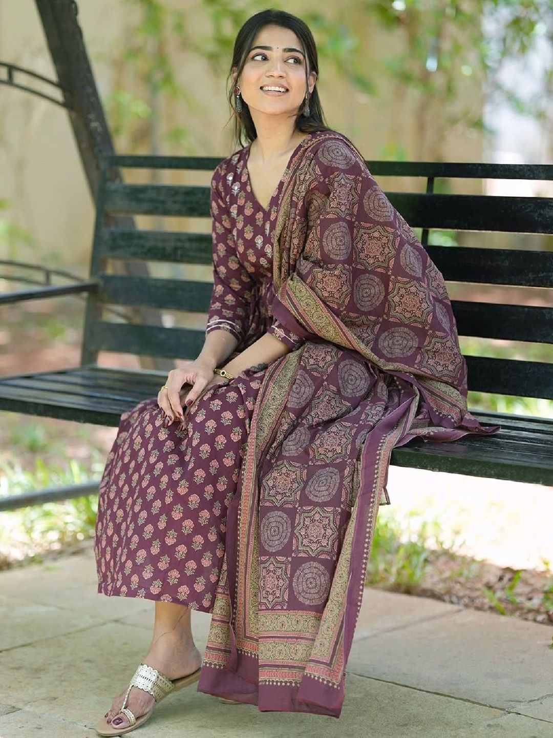 KALINI Floral Printed V-Neck Anarkali Kurta with Trousers & Dupatta