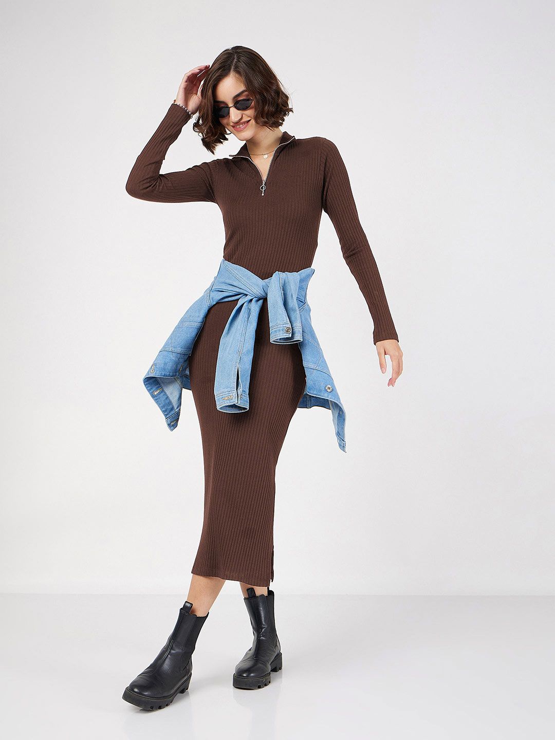 SASSAFRAS Women High Neck Front Zipper Bodycon Midi Dress