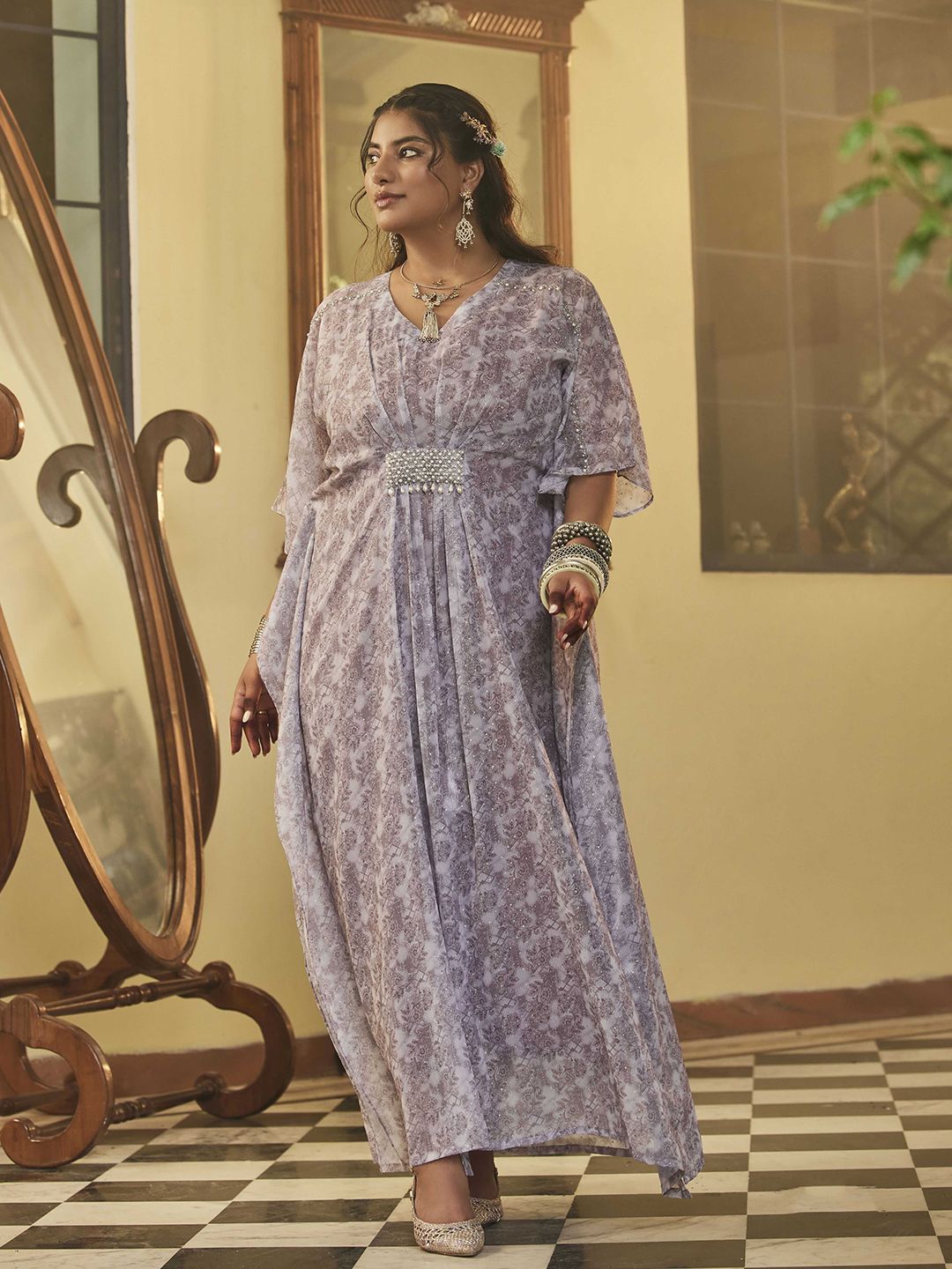 Mamicha Women Floral Printed V-Neck Kaftan Dress