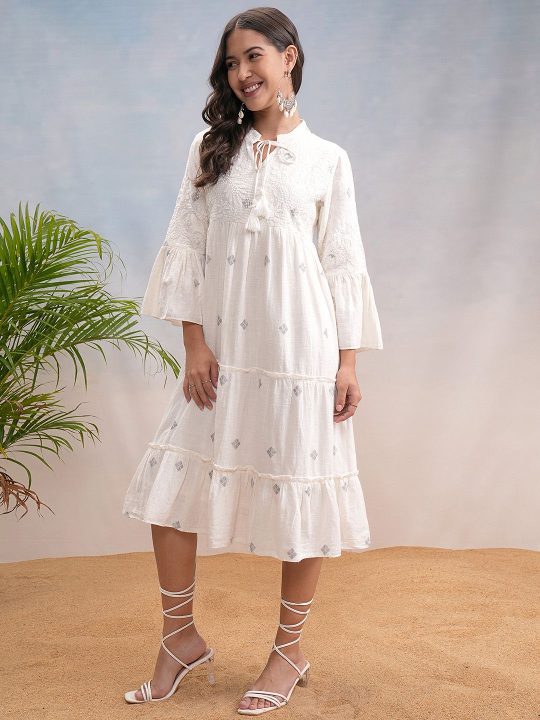 Vishudh Women Cotton Tie-up Neck Bell Sleeve Fit & Flare Midi Dress