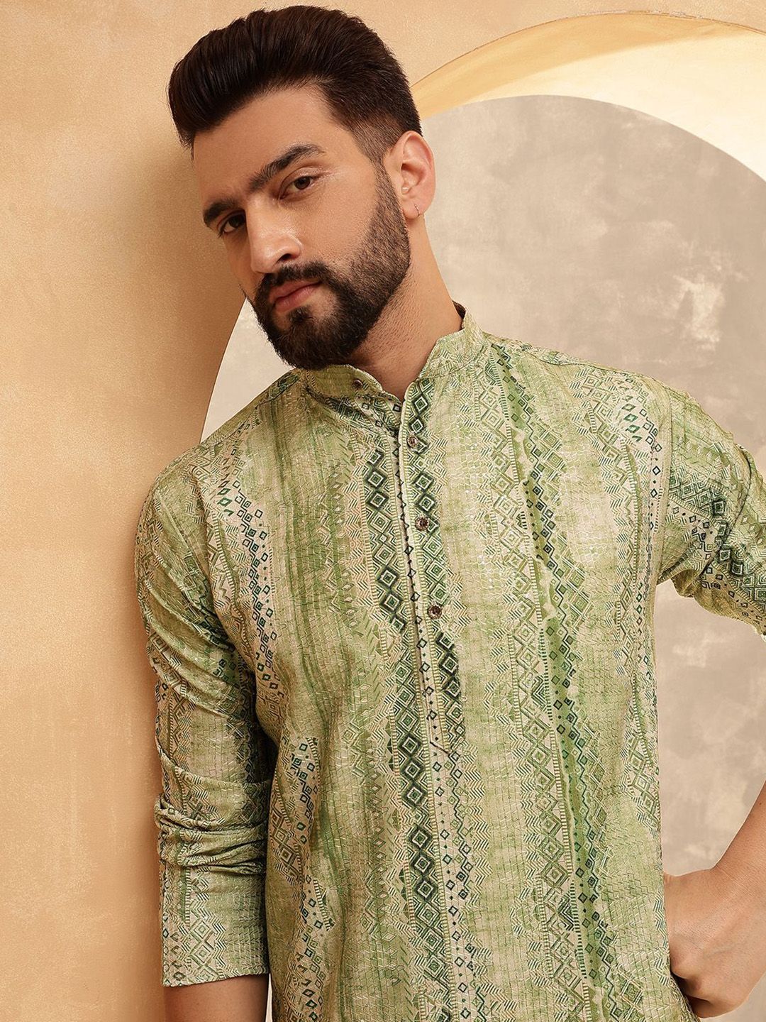 SOJANYA Ethnic Motifs Printed Band Collar Cotton Silk Straight Kurta