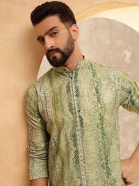 SOJANYA Ethnic Motifs Printed Band Collar Cotton Silk Straight Kurta