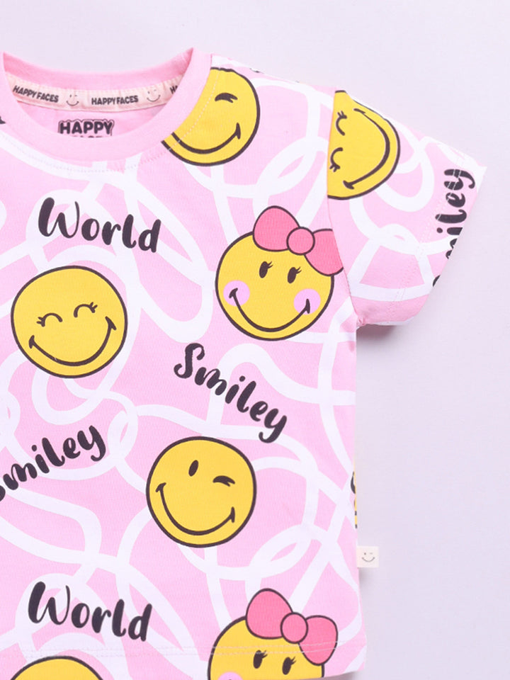 Happy Faces Girls Smiley Printed Pure Cotton T-shirt