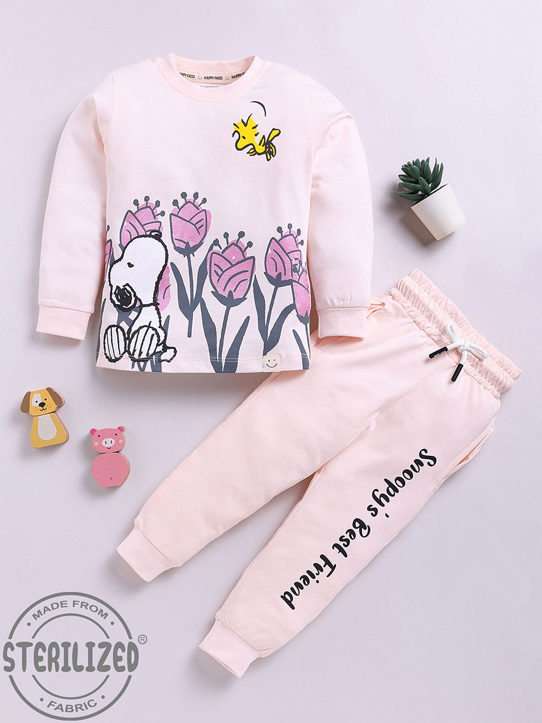 Happy Faces Girls Pure Cotton Snoopy Printed T-shirt with Joggers