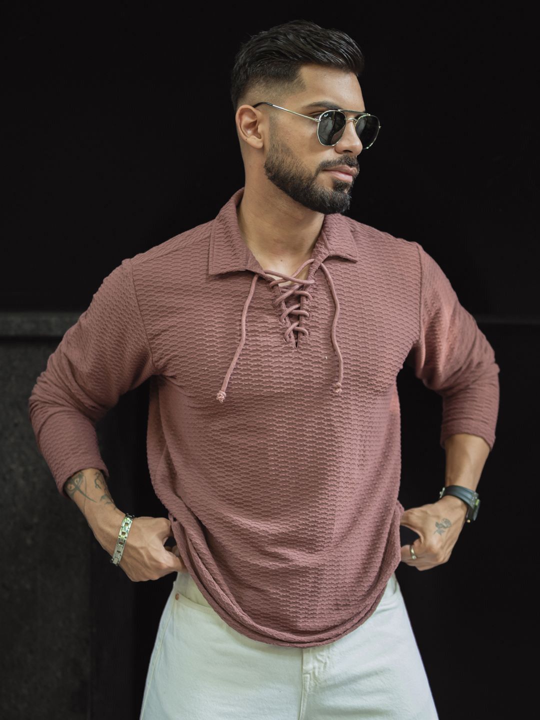 Powerlook Men Self Design Polo Collar T-shirt