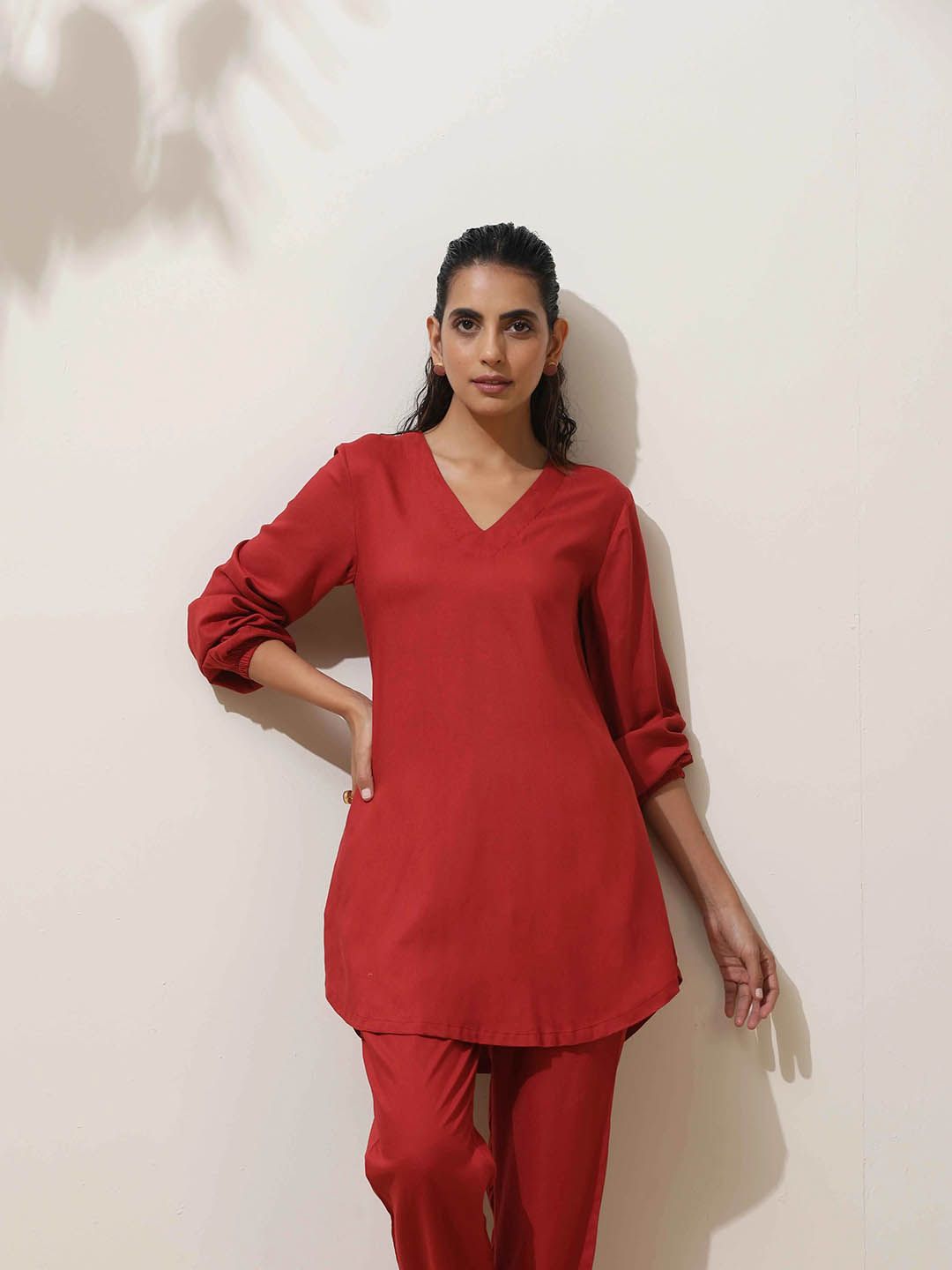 trueBrowns Maroon Viscose Co-ord Set