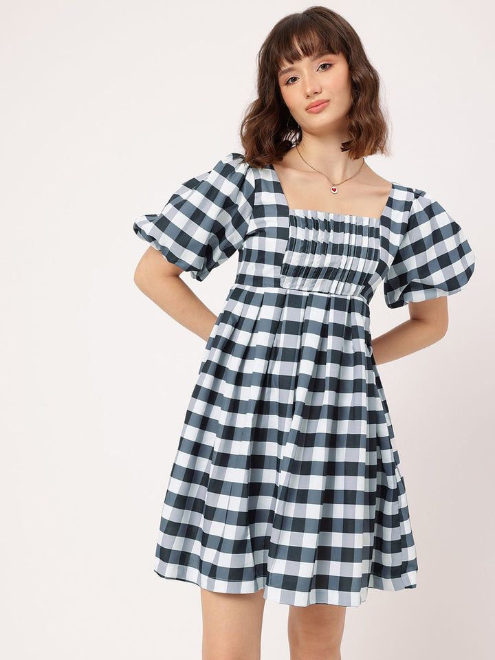 DressBerry Charming & Sassy Puff-Sleeve Monochrome A-Line Mini Dress