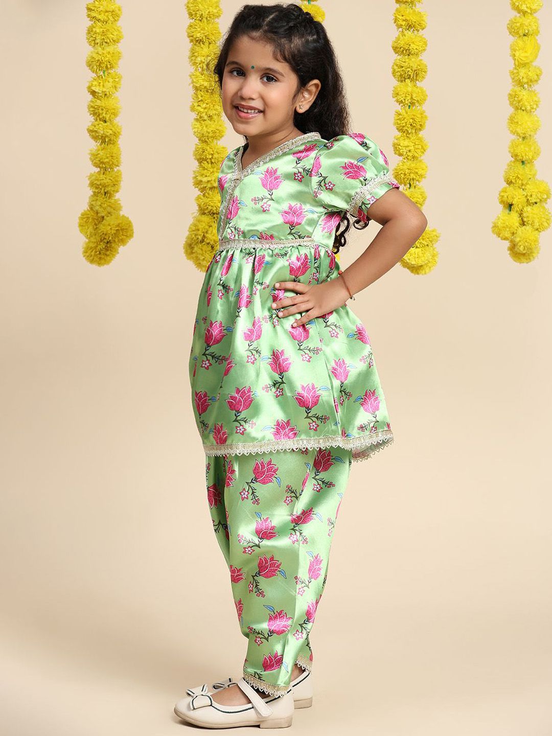 Cutiekins Girls Floral Printed V-Neck Gotta Patti Empire Anarkali Kurti with Dhoti Pants