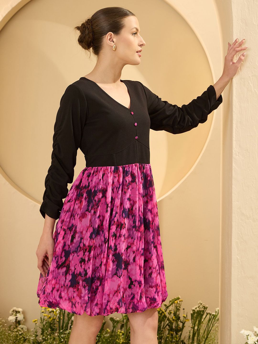 Antheaa Floral Colourblocked Chiffon Balloon Dress