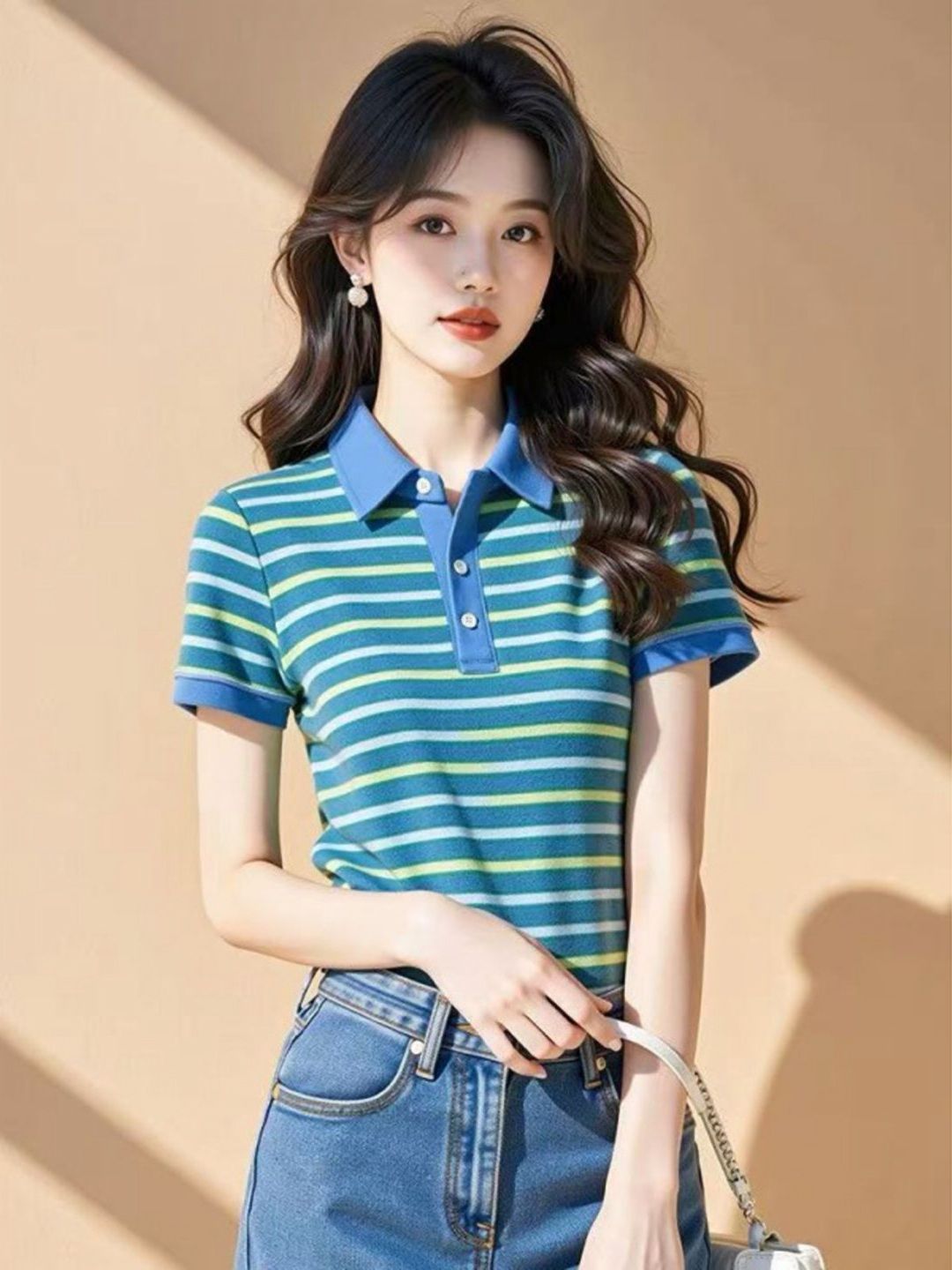 DressBerry Striped Polo Collar Regular Sleeves Cotton T-shirt