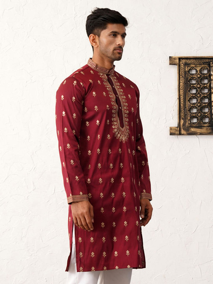 Jompers Floral Embroidered Mandarin Collar Chikankari Cotton & Silk Straight Kurta