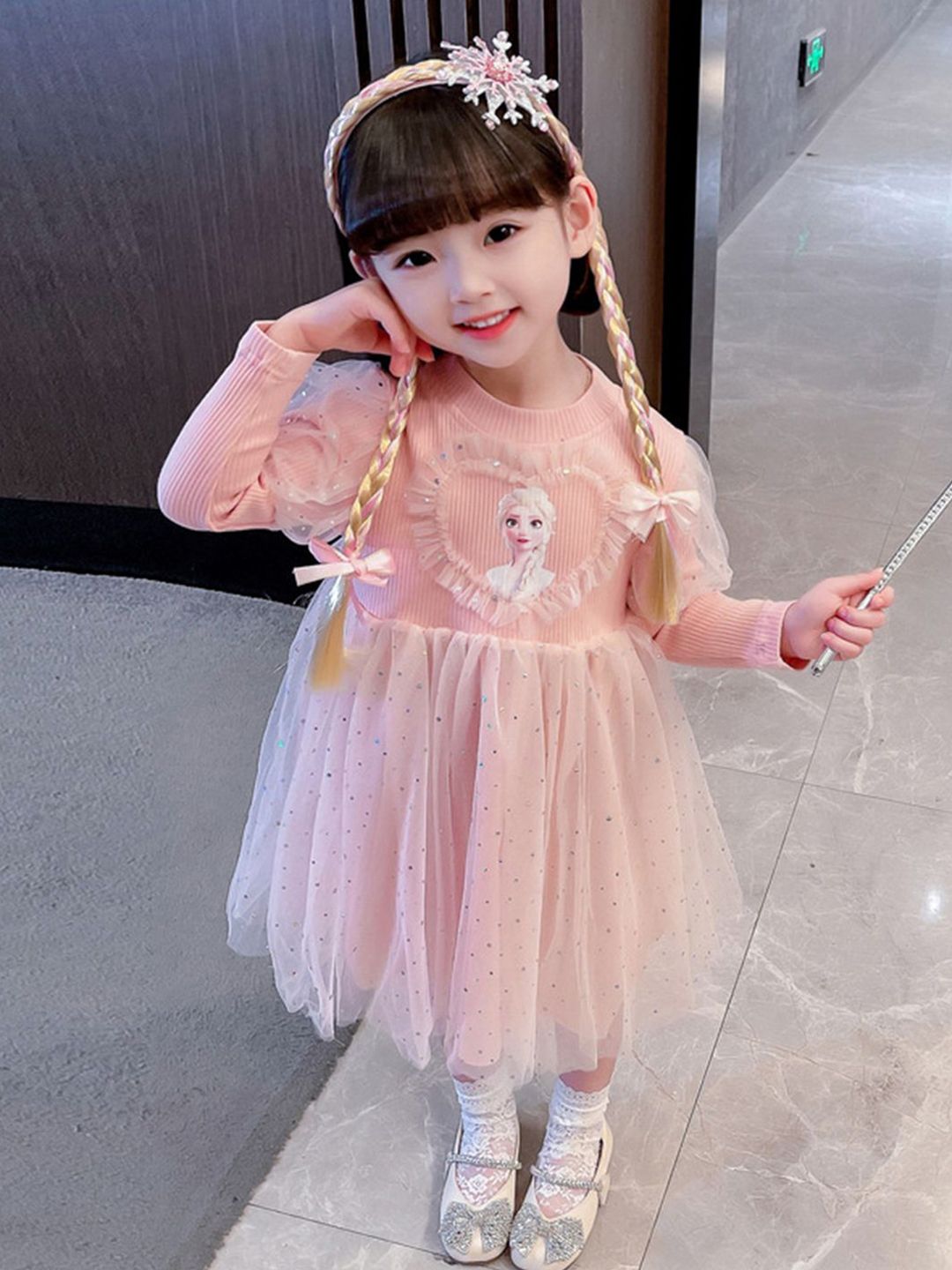 YK Girls Elsa Printed Fit & Flare Dress