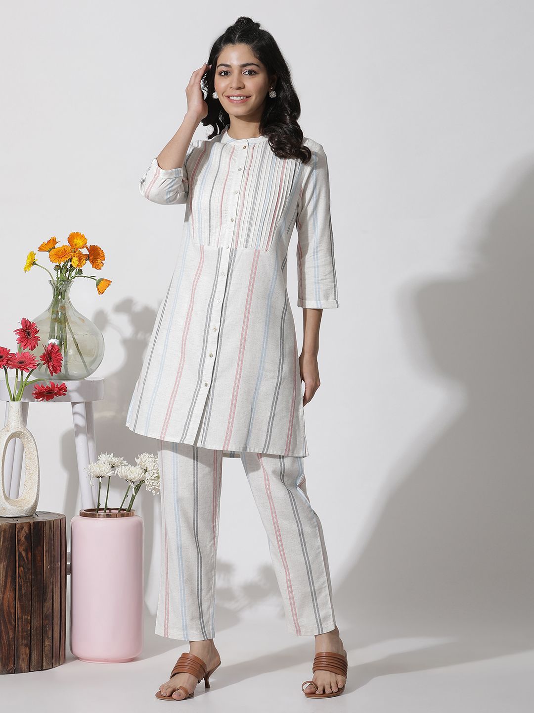 W Striped Mandarin Collar Tunic with Trouser